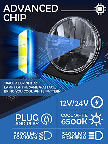 Zimablue ZWJ0S4 7 Inch Led Headlight 2Pcs Cool White High Low Beam Plug And Play 7 Inch Round Headlights H6024 Led Headlight Dot Approved Compatible thumb #4
