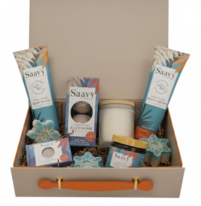 Saavy Naturals 5-Piece Spa Gift Basket, Relaxing Tahitian Vanilla Scented Gift Basket with Body Wash, Sugar Scrub, and More, Spa Self Care Gift Baskets for Women