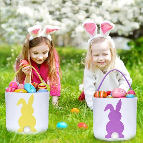 Image of Domensi 16 Pcs Easter Baskets for Kids Bunny Basket Bags Easter Basket Bulk Boys Girls Eggs Hunt Bag with Handles Fluffy Tails Printed Rabbit Bucket Tote for Easter Party Decoration Favor