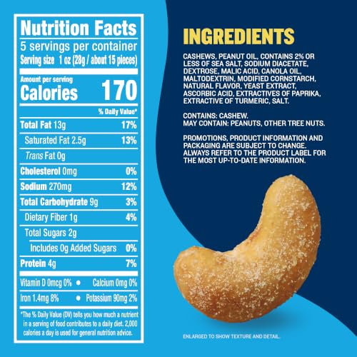 Image of PLANTERS Salt & Vinegar Cashews, Plant Based Protein, 5 Oz (1 Ct) | Roasted Cashews. Flavored Cashews. Snacks for Adults. Resealable Bag. Plant Based Protein Snack. Party Mix