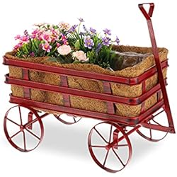 Carretas Para Maceteros Relaxdays Carrito de Plant Maceta Decorativa, Forma Carreta, Estilo Rústico, Decoración Jardín, Recipiente Coco, 42,5x46,5x26 cm, Rojo, 70% Acero 30%