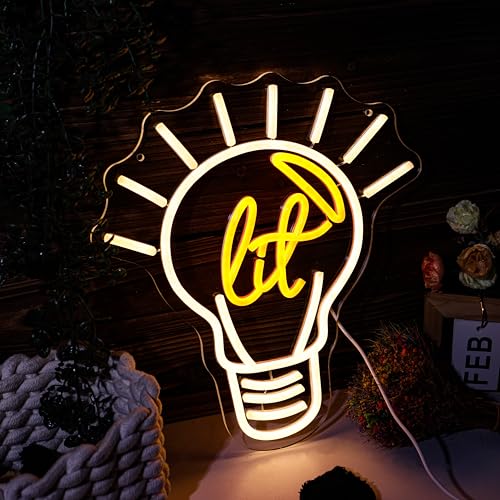 Image of It's Lit! Edison Bulb Neon Sign Lit it up Yellow Funny LED Light Lamp Super exciting Gift for Young Trendy People Guys Cool Vibe Lighting for Party, Basement, Bar, College Dorm, Pub Decor