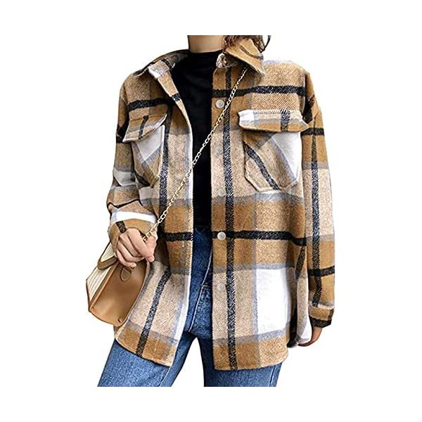 Tanming-Womens-Brushed-Flannel-Plaid-Lapel-Button-Short-Pocketed-Shacket-Shirts-Coats Tanming Womens Brushed Flannel Plaid Lapel Button Short Pocketed Shacket Shirts Coats(01 Khaki-M)