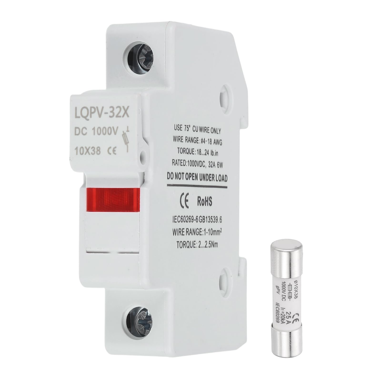 sourcing map Din Rail Fuse Holder with 1 Core Block,10x38mm 4-18AWG Single Pole Solar/Photovoltaic Fuse Holder DC 1000V 25A with Light Indicate for Solar PV Systems Battery Protect