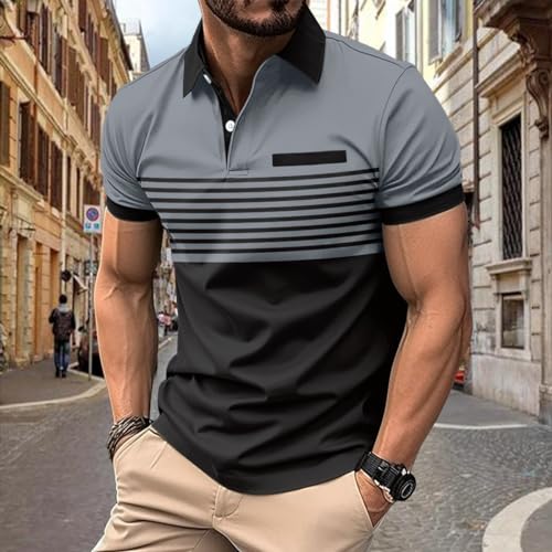 Men's Casual Polo Shirts Fashion Color Block Striped Slim Fit T-Shirts Short Sleeve Golf Tops
