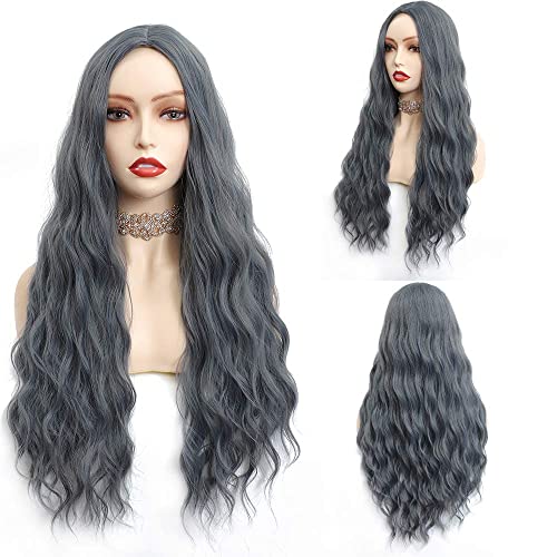 Gray Blue Long Wavy Wig Middle Part Synthetic 26inch Curly Wave Wig Party Cosplay Wig for Women