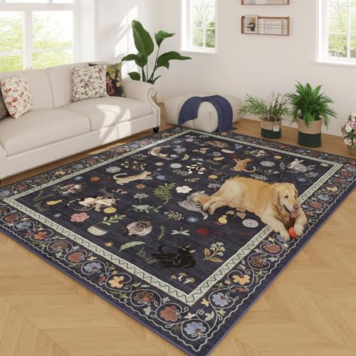 Living Room Rug 5x7 Rug Machine Washable Boho Area Rug Non Slip Floral Animal Cat Vintage Low Pile Large Rugs for Living Room Bedroom Farmhouse Dining Room Kids Playroom, Cobalt Blue