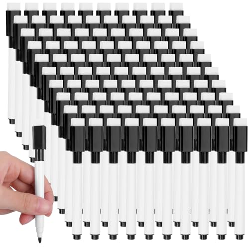 Hpmjz 200 PCS Fine Point Tip Magnet Pens Black Dry Erase Markers with Eraser Cap Mini White Board Markers Dry Erasable Marker for Office School Home Supplies