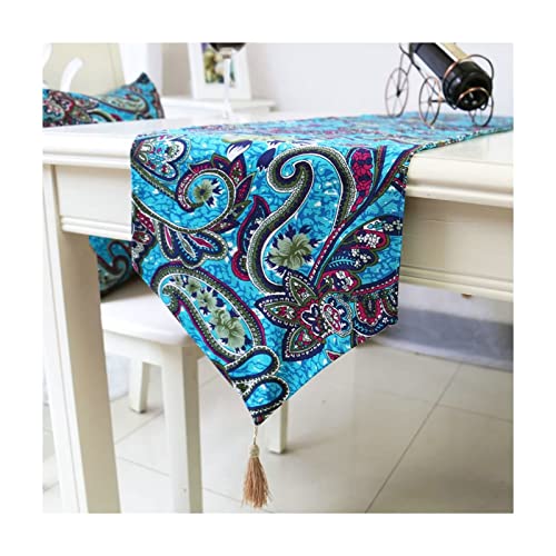 Chemin de table en lin bleu vert 32x160 cm motif floral vintage