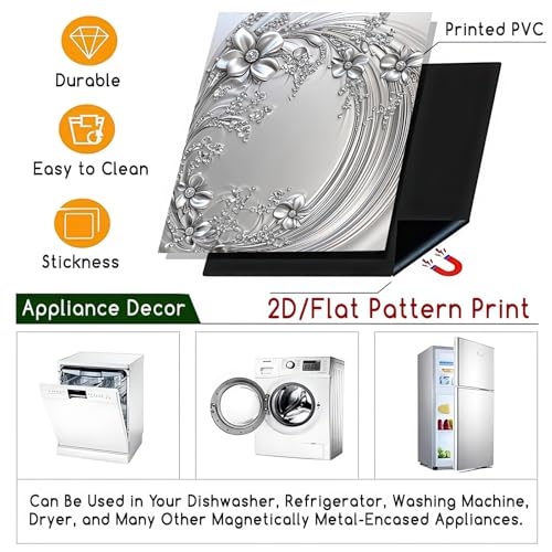 Image of HOMETITUTE Silver Floral Magnetic Dishwasher Cover 23x26 Inch Embossed Flower Panel Dishwasher Magnet Sticker Decorative Appliance Wrap for Kitchen Refrigerator Door Fridge Decoration