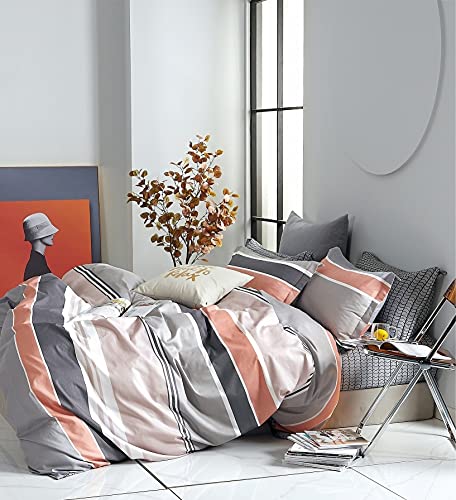 Générique Percale 100% Coton 80 Fils Housse de Couette 240x220cm+2 Taies d'oreillers 65x65cm_CF-007 Gris et Corail