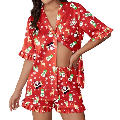 Image of Ekouaer Womens Satin Pajamas Set 2 Piece Button Down Silk Pjs Ruffle Short Sleeve Shorts Set Notch Collar Sleepwear