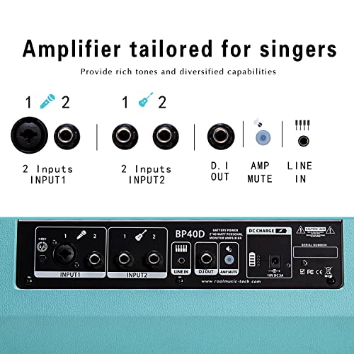 Image of Coolmusic BP40D Powered Acoustic Guitar Amplifier- Portable Bluetooth Speaker 80W W /Battery with Reverb Chorus Delay Effect, 6 Inputs,3 Band EQ, Blue