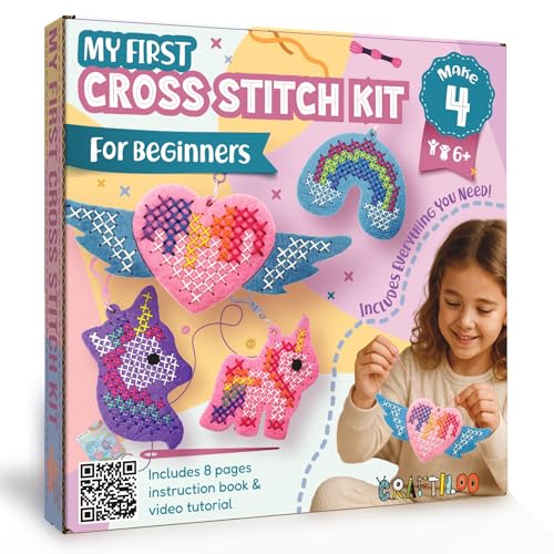 CRAFTILOO Cross Stitch Kit for Kids Ages 6-12 Easy Beginner Embroidery Needlepoint Set for Girls & Boys Pre-Cut Felt Unicorn Designs with Thread Needles & Keyrings 4 Fun Projects