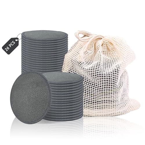 BreodyEco Reusable Bamboo Charcoal Makeup Remover Pads - 26 Packs Reusable Cotton Rounds with Cotton Bag | Organic, Zero Waste, Gentle for All Skin Types | Double-Sided Washable Bamboo Cotton Rounds