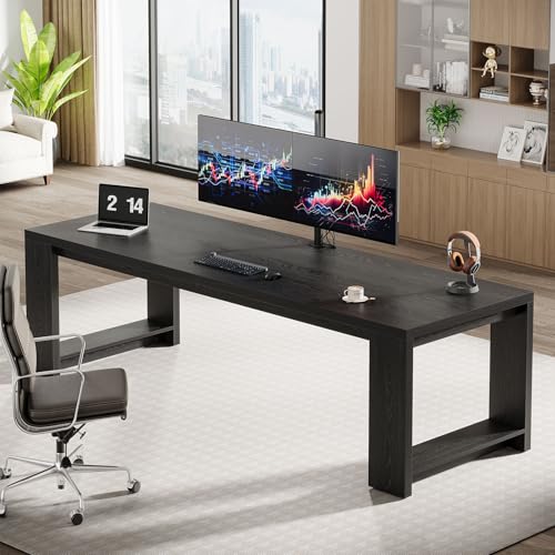Image of Tribesigns 2 Person Desk Set of 2, 86.6 Inches Extra Long Desk, Two People Computer Writing Table, All Wood Large Desks Workstation for Home Office, Black