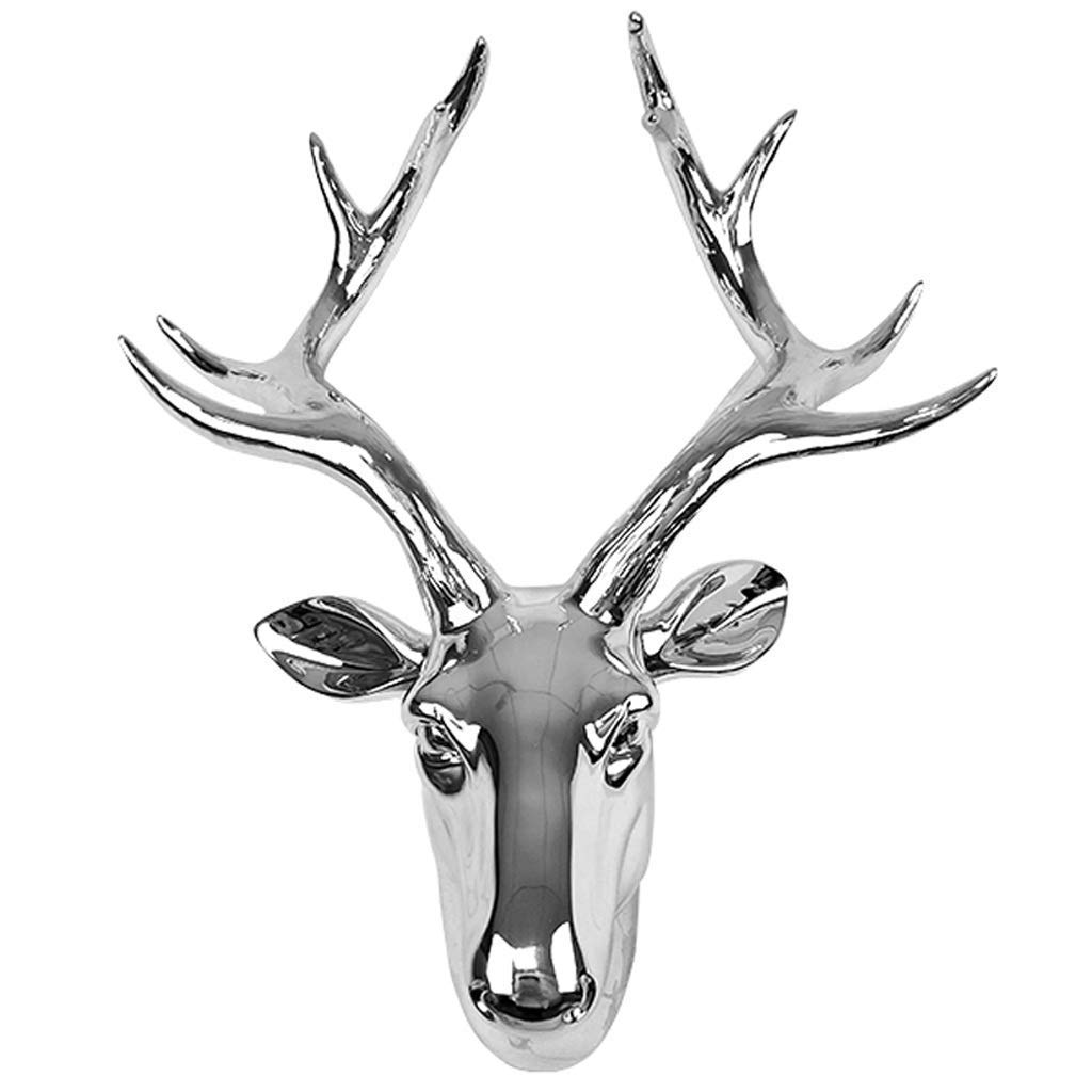 Sculpture tête de cerf en résine argentée taille S pour décoration murale de salon