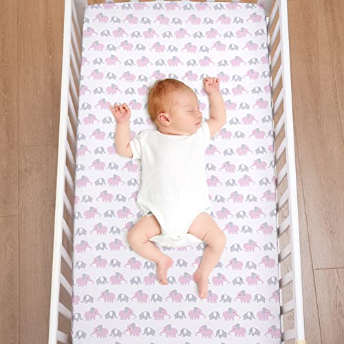 Phf Soft Polyester Elephant Crib Sheet Fitted, 2 Pack Silky Comfy Breathable Baby Sheets For Boys Girls, 28X52X9In Fits Standard Crib And Toddler Mattresses, Elephant & Rainbow Pink #TOP2