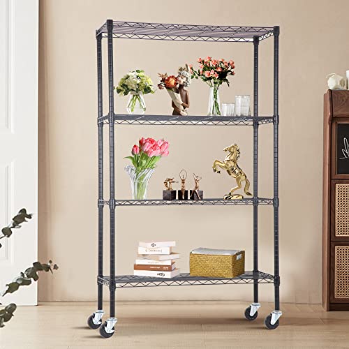 Image of BestOffice | 4-Tier Wire Storage Shelves with Wheels | 36x14x62 | Black | Adjustable Racks | Heavy-Duty Metal Shelf, Holds Upto 500 lbs | No-Tool Assembly | Ideal for Home & Garage Shelving