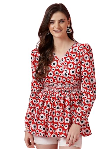 Image of Sheetal Associates Women's Crepe Puff Sleeves Peplum Top with Floral Printed Regular Fit Full Sleeve and V-Neck Maxi Length
