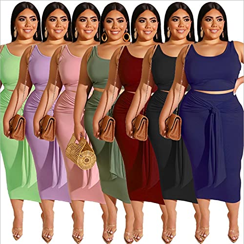 Image of Plus Size Women 2 Piece Outfits Sets Sexy Tracksuit Midi Dress,Sleeveless Tank Top Bodycon Skirts Set Casual Summer