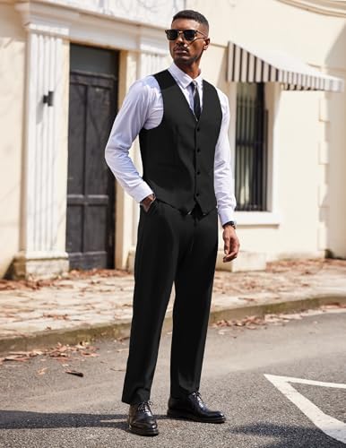 COOFANDY Men's 3 Pieces Suits Classic Fit 2 Buttons Dress Suit Set Wedding Business Dinner Prom Jacket Vest Pants Black4