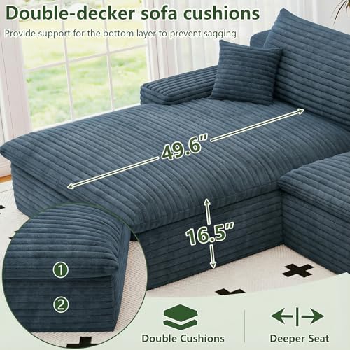 Image of 107 inch Cloud Couch Modular Sectional Sofa for Living Room, U-Shape Boneless Couch with Deep Seat, Modern Corduroy 3-Seater with Ottoman, No Assembly Required (Blue,Left-Facing Chaise)