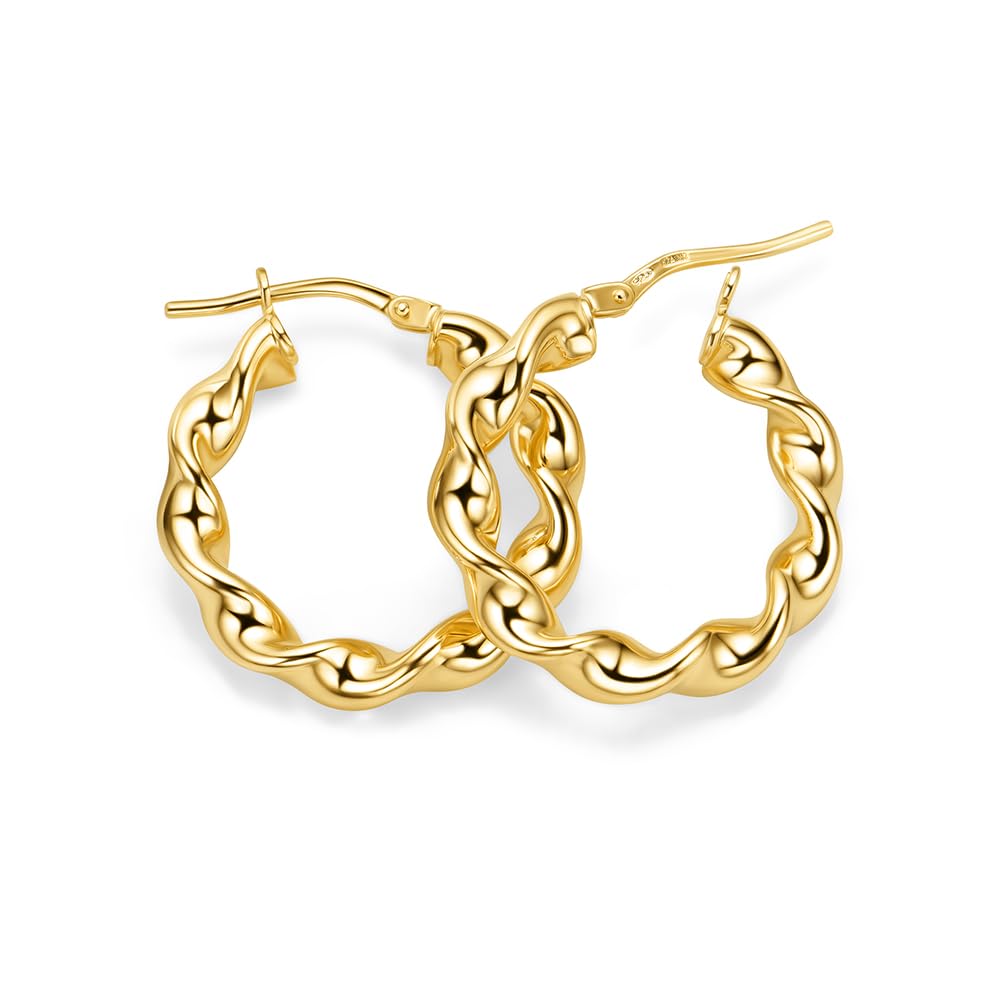 Miore Pendientes Mujer de Plata de Ley 925 Bañados en Oro de 18K 750, Aros de Oro Redondos con Tubos Torcidos de 15 mm, Hechos a Mano en Italia, Joyas Dorados con Joyero