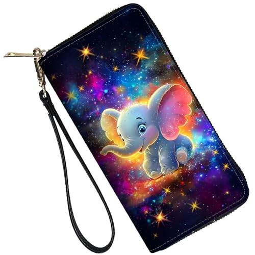 Image of RFID Blocking Leather Wallet for Women - Large Capacity Zip Around Clutch with 8 Card Slots,6 Cash Pockets & Coin Zipper,Baby Elephant and Star