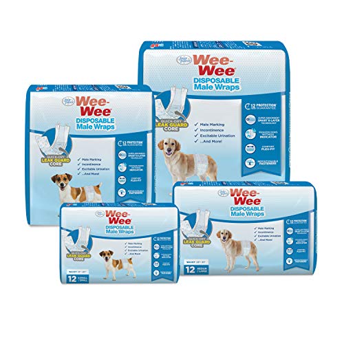 Image of Four Paws Wee-Wee Disposable Male Dog Wraps, X-Small /Small, 12 Count | Protects against leaks, dog incontinence, marking, great for puppy training & travel, extra small & small breeds