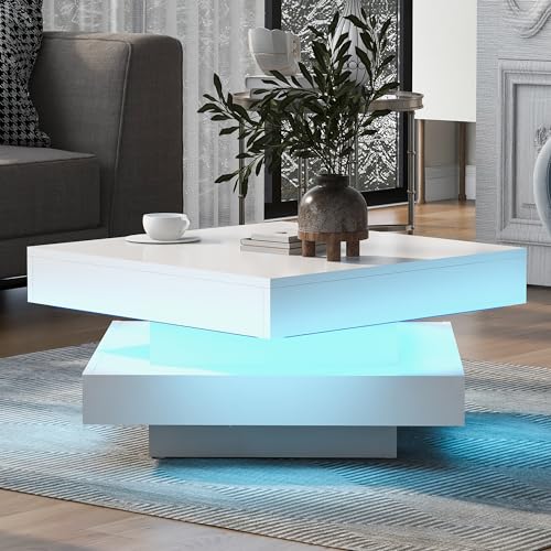 BTM Table Basse LED 16 Couleurs, avec Plateau Tournant, Moderne Table Basse Salon Carrée, Coffee Table Charge 50kg, 70 x70x36 cm, Blanc