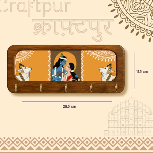 Image of Stylish Wooden Key Holder for Wall | Cute Key Holder for Home Decor | Key Holder Stand with 5 Hooks | Wall Mounted Key Hanger| (Radha Krishna Keyholder Orange)
