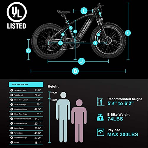 VELOWAVE Electric Bike Adults 750W BAFANG Motor 48V 15Ah Removable Larger Battery 26'' Fat Tire Ebike 28MPH Snow Beach Mountain E-Bike Shimano 7-Speed UL Certified Black/Gray