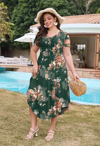 Image of Keluummi Plus Size Maxi Dress for Women V-Neck Short Sleeve with Pockets