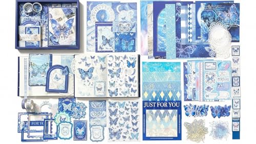 Image of ATIRAMANIYA Vintage Aesthetic Scrapbook Kit(346Pcs) Scrapbooking Supplies Kit with Bullet Junk Journal,Stationery,A6 Grid Notebook Journaling Gift for Girl (Blue -Butterfly)