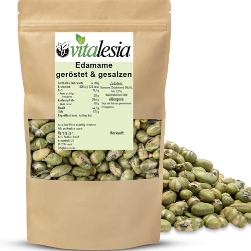 Vitalesia Edamame Bohnen 1kg | geröstet & gesalzen | Proteinreicher Snack | Premium Edamame |Frischebeutel wiederverschließbar | vegan