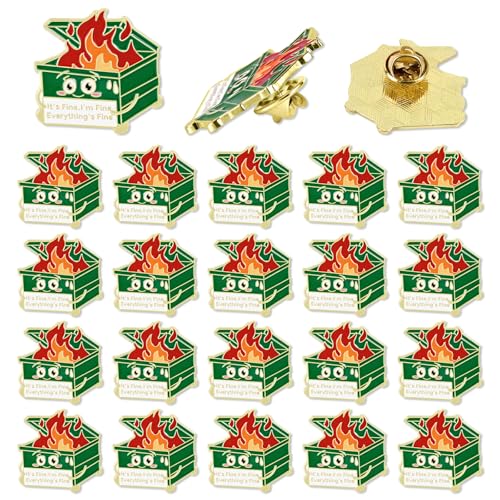 Image of 20pcs Dumpster Fire Pin, 1.1x1.06 Inch Cute Enamel Lapel Brooch Metal Motivational Pin with 20 Buttons Positive Enamel Badge It's Fine I'm Fine Everything is Fine Pins Jewelry Gifts for Christmas