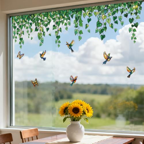 ANATTASOUL Pegatinas de Ventana de Primavera,Pegatinas Ventanas Vino y Pájaro,Calcomanías de Ventana de para Ventanas con Doble Cara Adhesión Estática, Pegatina Opaca para Cristales