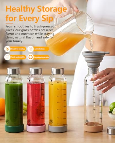 Image of Zukro Glass Juice Bottles with Stainless Steel Lids 18 oz, Airtight & Leak Proof, Non-Slip Bottom, Measured Markings, 6-Pack Reusable Clear Jars for Water, Juicing, Smoothie, Protein Shakes, BPA Free
