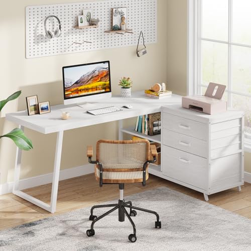 Image of Tribesigns L-Shaped Computer Desk with 3 Drawers, Reversible Corner Home Office Desk with Shelves, 53-Inch Industrial PC Desk Study Writing Table Workstation for Small Space, White