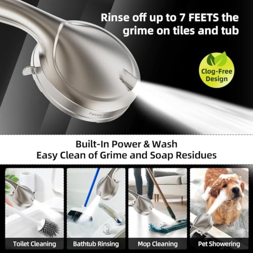 Image of BESAQUO 9 Settings High Pressure Handheld shower head with Power Wash | Pause Mode for Water Saving, Power Wash for Tub&Tile, Easy Clean Nozzles, 6ft Hose,Bracket / Satin Nickel