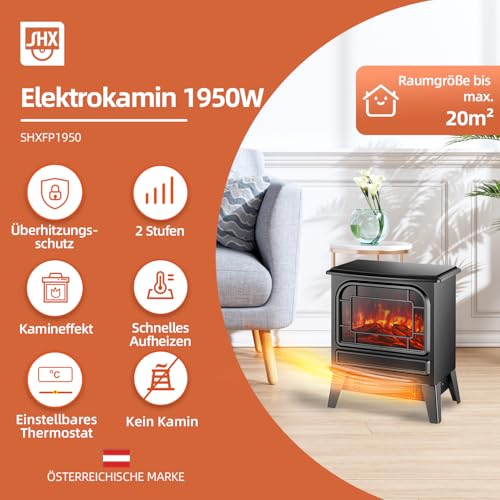 Elektrokamin mit Heizlüfter 1950W Elektro Kamin Elektrischer Heizung LED Kaminfeuer Effekt Kaminofen Flammeneffekt Heizer Ofen geräuscharm regelbar Schwarz – Bild 3