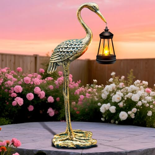 Solar Garden Statue Crane Figurine, Outdoor Hanging Solar Lanterns, 17.7 Inch Blue Heron Sculpture Statue for Patio Yard Porch, Garden Decor for Outside Birthday Gifts for Mom, Women Mother's Day