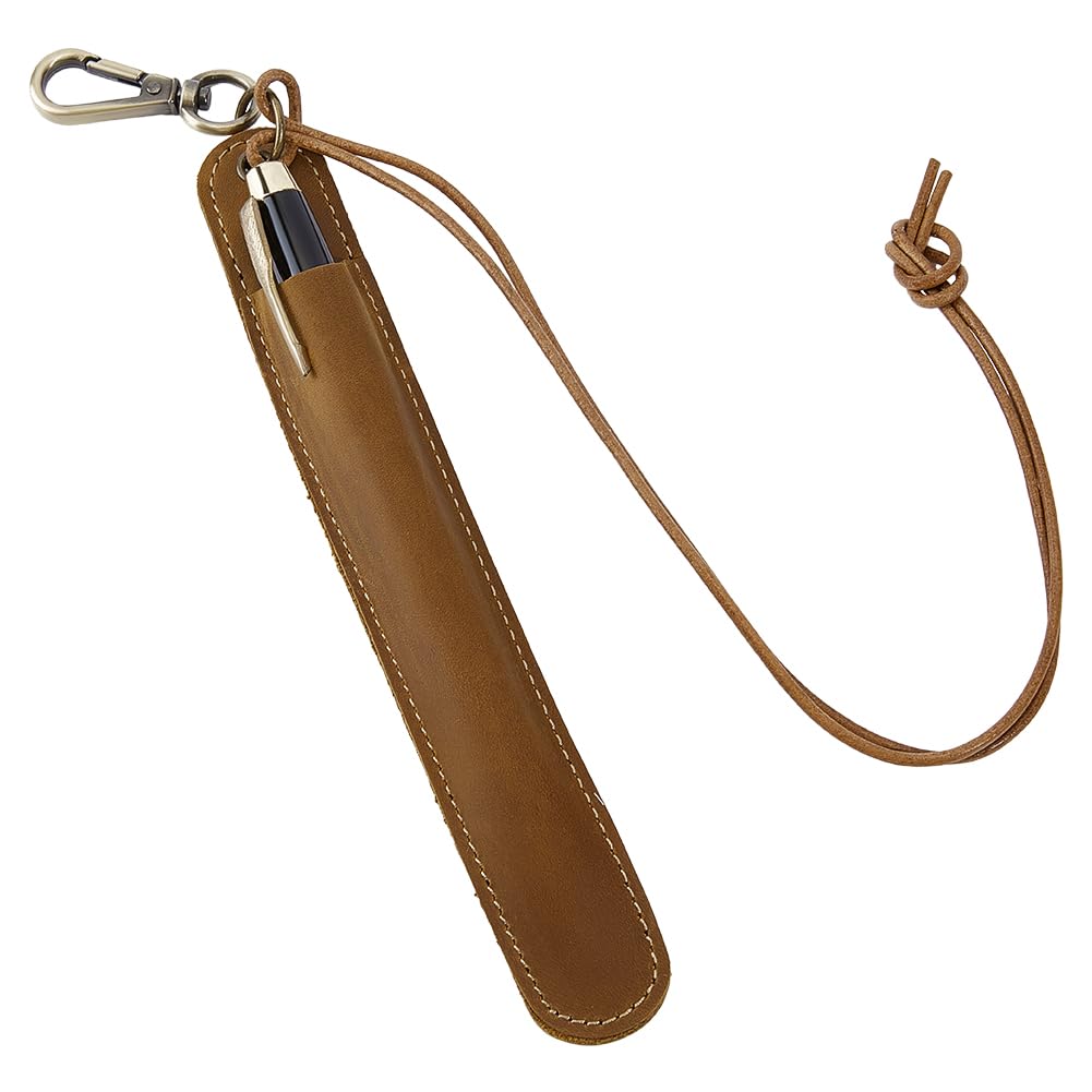 BENECREAT 26cm/10.2 Inch Leather Pen Case Holder, Neck Hanging Leather Pen Pouch Single Pens Case with Lanyard & Key Clip for Office and Travel Use, Saddle Brown
