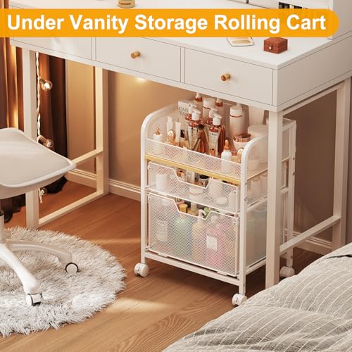 Image of Yociyoga 3 Tier Rolling Cart with Drawers,Pantry Storage Cart with Wheels,Under Desk Storage Cart for Small Space,Pantry Floor Organizers and Storage,Metal Load-Bearing Utility Craft Cart,White