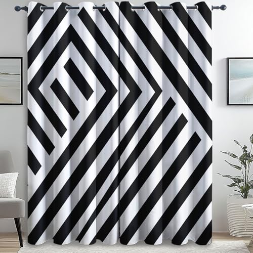 Cortinas Salon Modernas, Simple Geométrico Rayas impresión patrón, Negro Blanco Cortinas Opacas Termicas Aislantes, 140An x 280Al cm (2 Paneles) para la decoración del Dormitorio