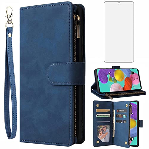 Étui Samsung Galaxy A51 4G Gaxaly M40S porte-carte bleu avec verre trempé