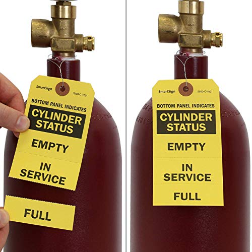 SmartSign (Pack of 100) 5.75 x 2.875 inch “Cylinder Status - Empty, in Service, Full” 3-Part Perforated Tags with Pre-Attached Wires, 13 Point Cardstock, Black and Yellow