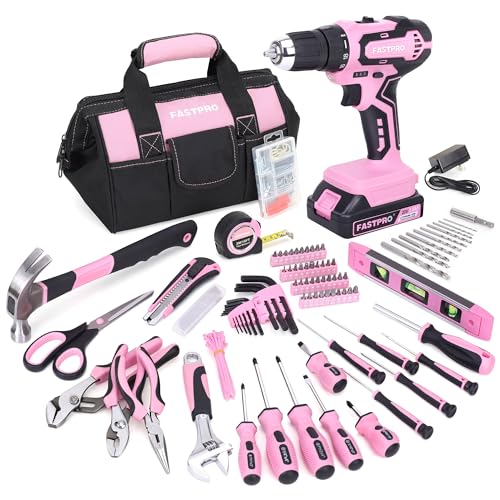 FASTPRO 232-Piece 20V Pink Cordless Lithium-ion Drill Driver and Home Tool Set, Lady's Repairing Kit with 12-Inch Wide Mouth Open Storage Bag