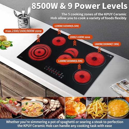 KPUY Electric Cooktop 30 Inch(220-240V for Hard Wire, No Plug), 8500W 5 Burner Built-in Countertop Burner, Sensor Touch, 9 Power Levels, Timer & Safety Lock, Over-Temperature Protection - Image 3